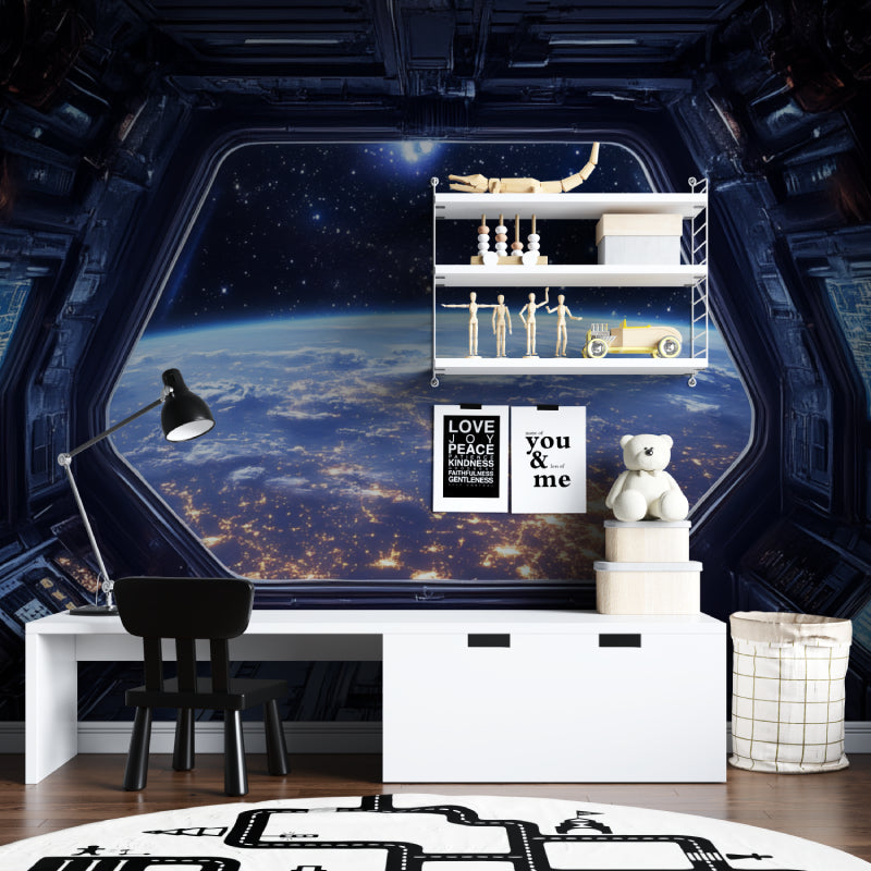 Space station wallpaper creating cosmic atmosphere in modern living room with floating furniture