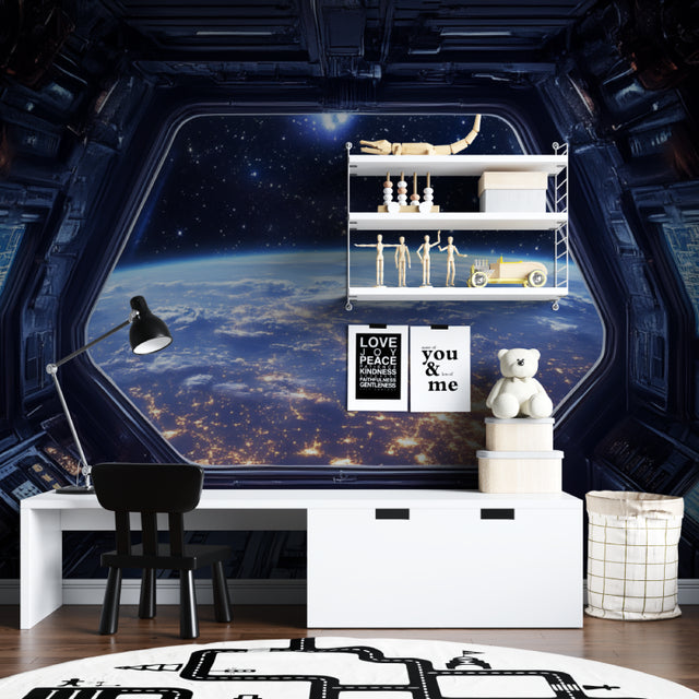 Space station wallpaper creating cosmic atmosphere in modern living room with floating furniture