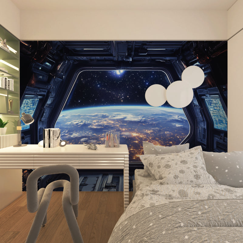 Space window mural transforming kid's bedroom into astronaut quarters