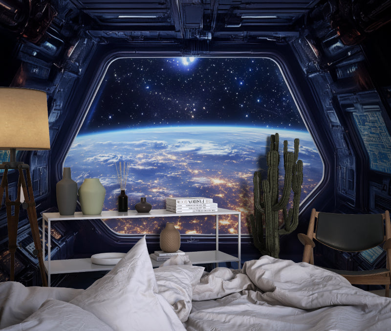 Galaxy view wallpaper making game room feel like real space station