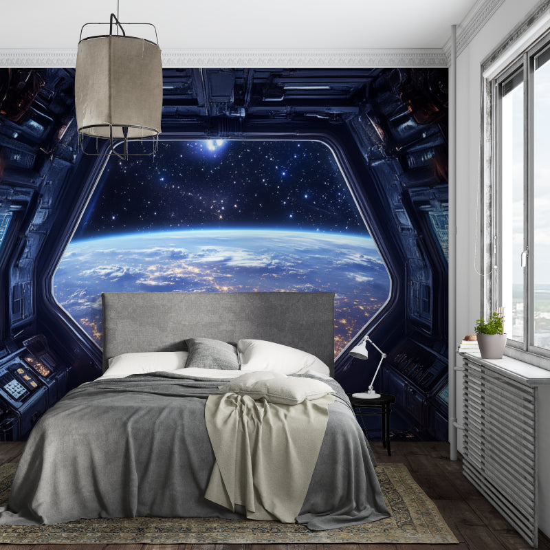 Space station window mural adding depth to home office setup