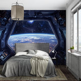 Space station window mural adding depth to home office setup