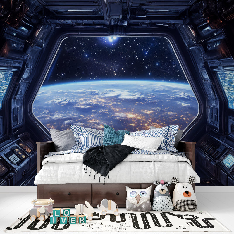 Spaceship window wallpaper creating immersive feel in teen bedroom
