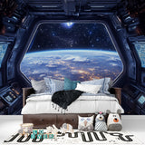 Spaceship window wallpaper creating immersive feel in teen bedroom