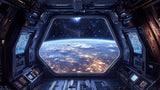 Design file showing detailed space station window frame and Earth view pattern