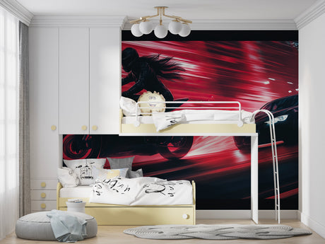 Racing wallpaper mural showcased in modern teen bedroom with gaming setup