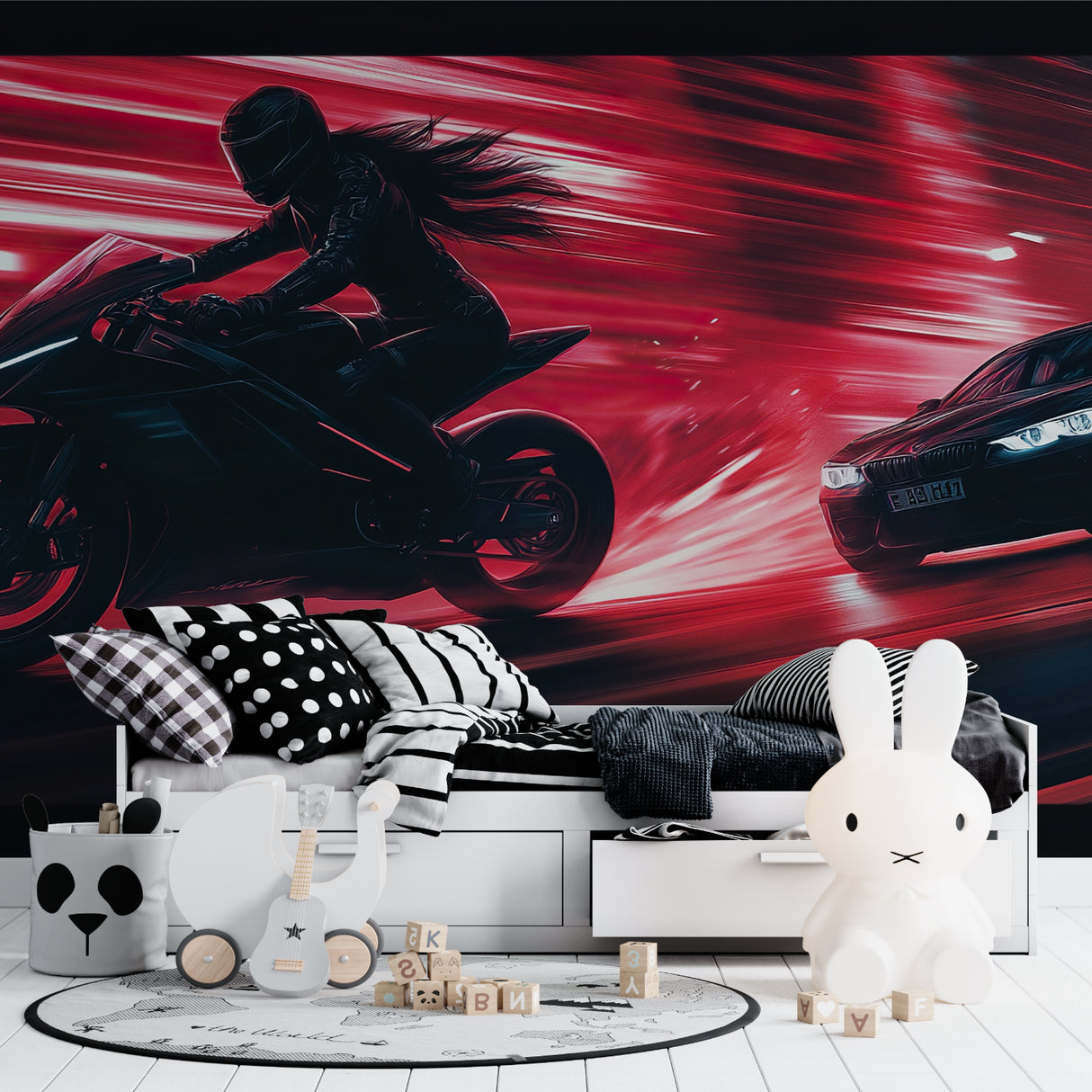 Speed racing wall design featured in contemporary living room setting