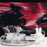 Speed racing wall design featured in contemporary living room setting