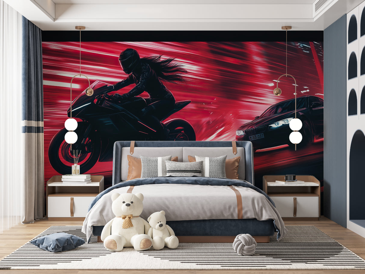 Motorcycle and car mural adding energy to a stylish game room