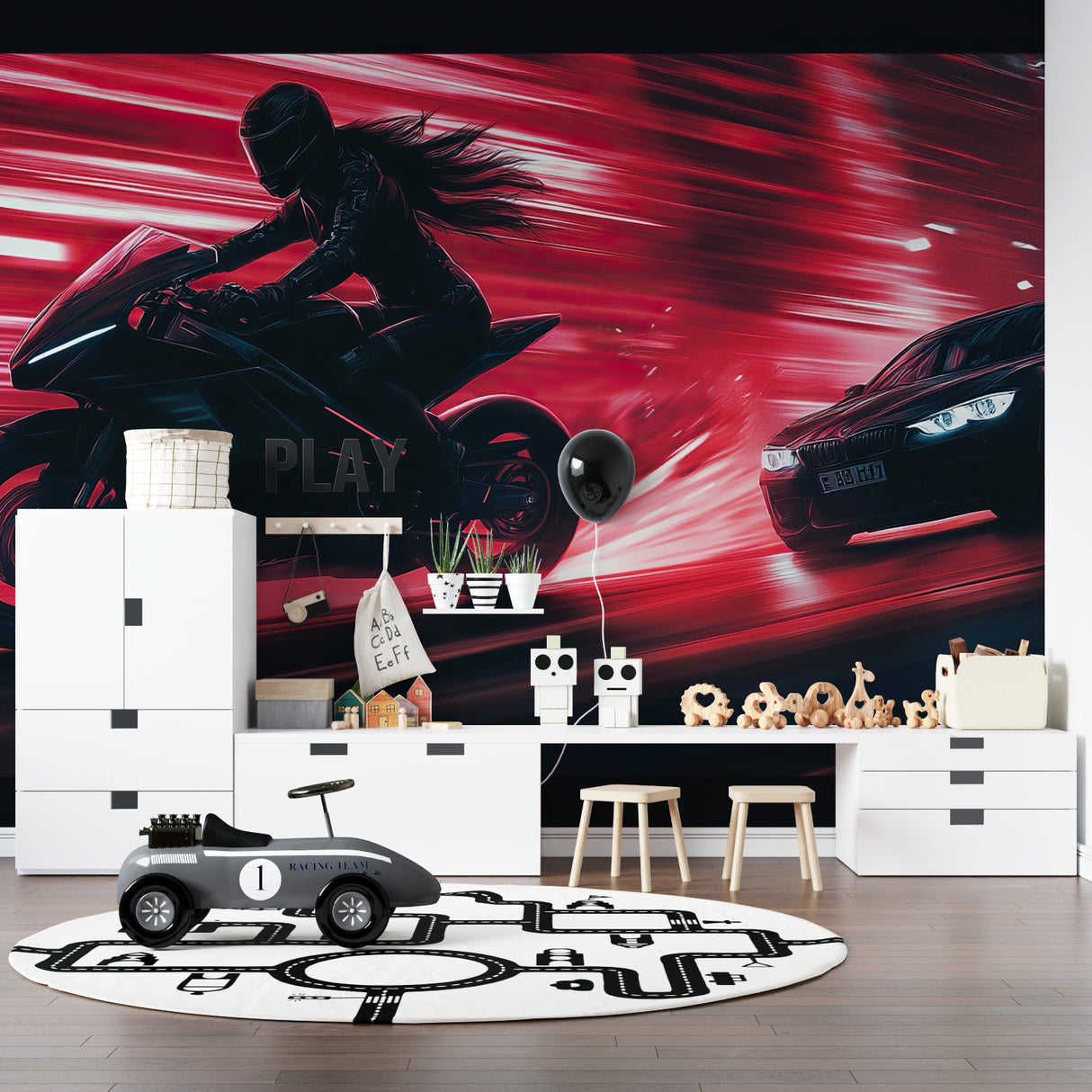 Speed themed wall mural displayed in modern man cave setting