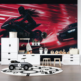 Speed themed wall mural displayed in modern man cave setting