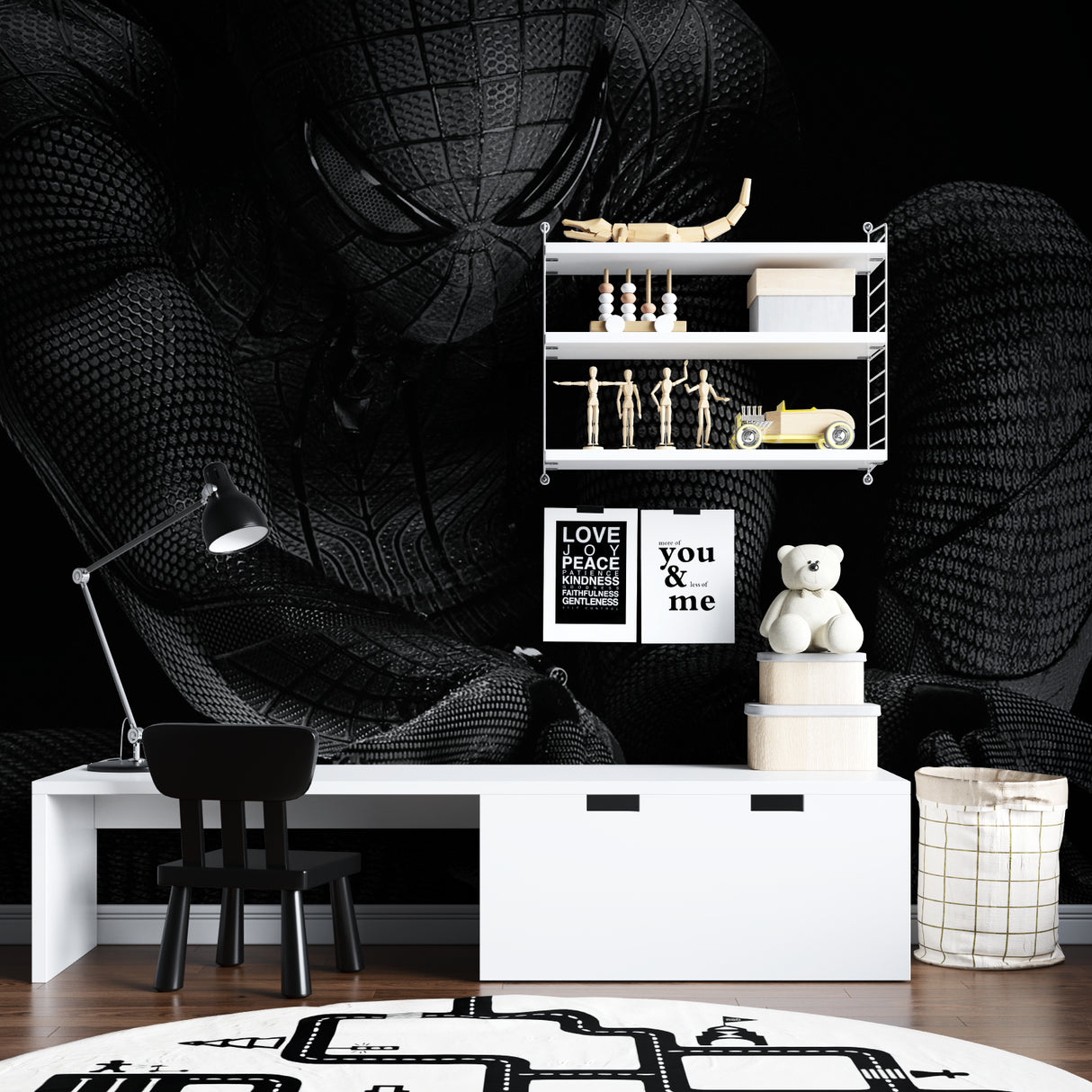 Textured Spiderman wall mural adding depth to teen bedroom with gaming setup