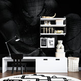 Textured Spiderman wall mural adding depth to teen bedroom with gaming setup