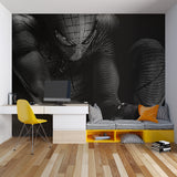 Spiderman black mural creating cool vibe in media room with ambient lighting