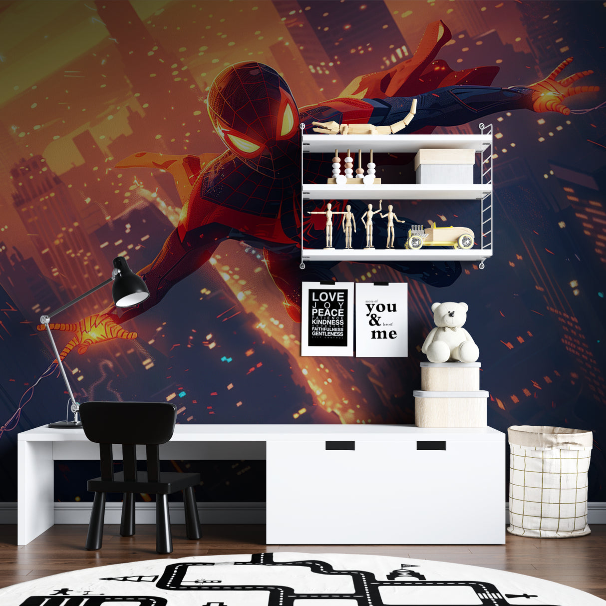 Spider-Man wall mural transforming a modern teen bedroom with dynamic superhero action