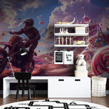 Motocross fantasy wallpaper bringing excitement to a modern kids bedroom with pink and purple tones