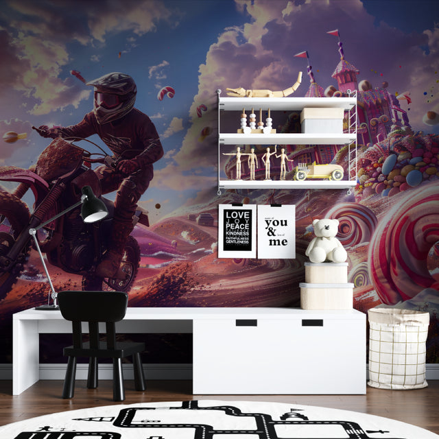 Motocross fantasy wallpaper bringing excitement to a modern kids bedroom with pink and purple tones