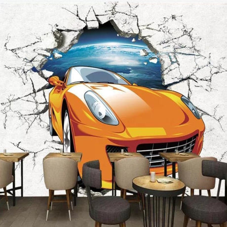 Orange 3D car wallpaper creating dramatic effect in modern gaming room with LED lighting and contemporary furniture