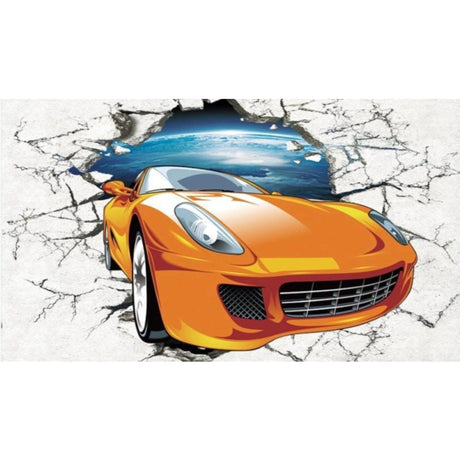 3D sports car wallpaper design file showing orange supercar breaking through wall effect