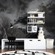 Black and white Rally Car Mural Wallpaper showcased in a modern living room setting with minimalist furniture
