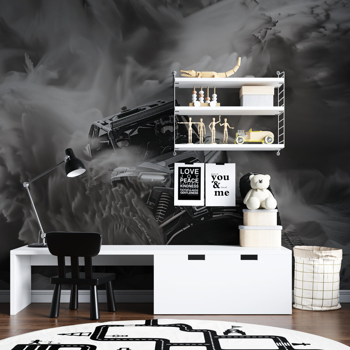 Black and white Rally Car Mural Wallpaper showcased in a modern living room setting with minimalist furniture