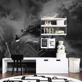 Black and white Rally Car Mural Wallpaper showcased in a modern living room setting with minimalist furniture