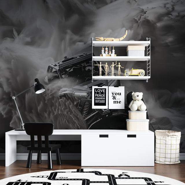 Black and white Rally Car Mural Wallpaper showcased in a modern living room setting with minimalist furniture