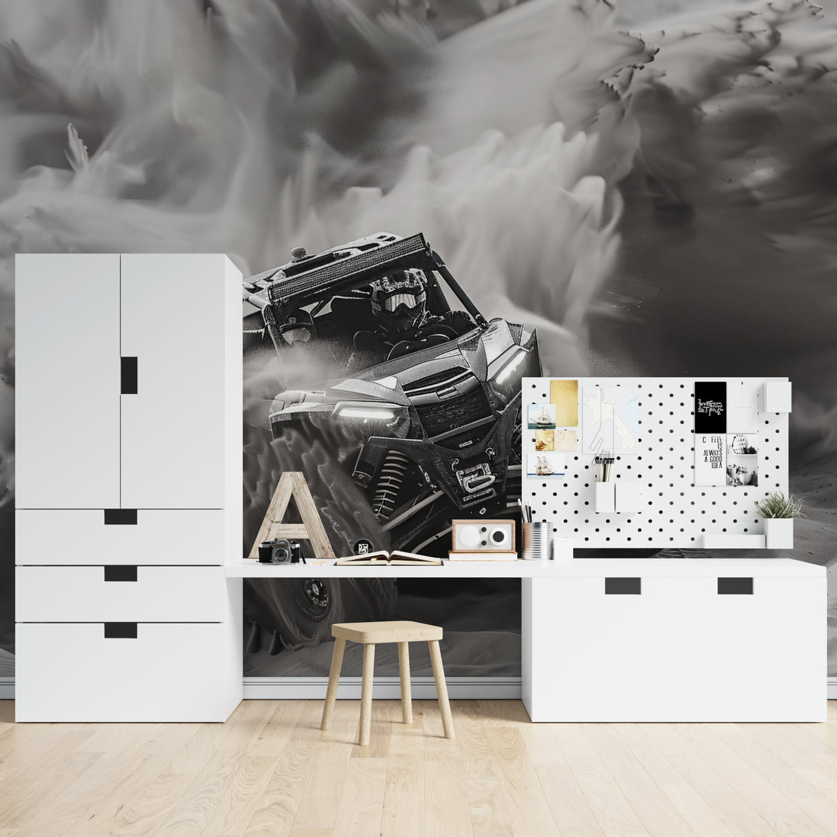 Racing car wallpaper installation in a teen bedroom showing the dramatic black and white contrast
