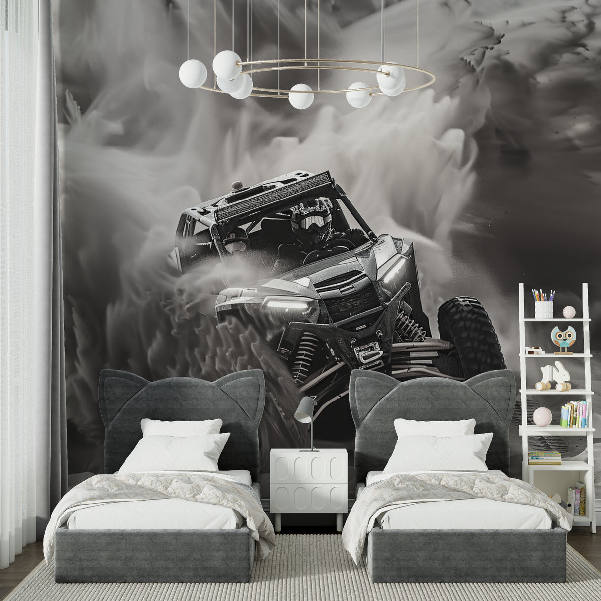 Sports car mural displayed in a home office with contemporary decor and lighting