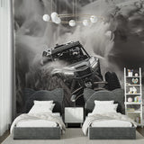 Sports car mural displayed in a home office with contemporary decor and lighting