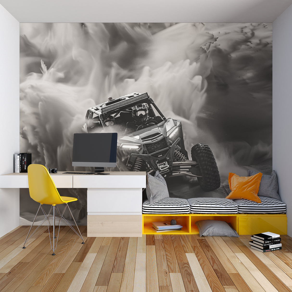 Monochrome racing mural installation in a man cave entertainment space