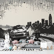 Racing car wallpaper in modern teen bedroom showing black and white urban design with dynamic movement