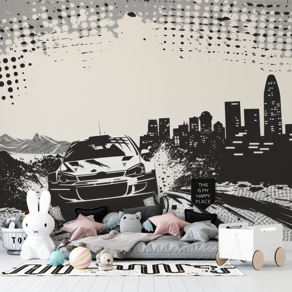 Racing car wallpaper in modern teen bedroom showing black and white urban design with dynamic movement