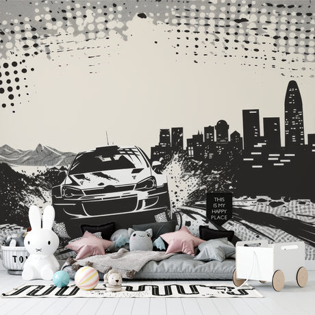 Racing car wallpaper in modern teen bedroom showing black and white urban design with dynamic movement