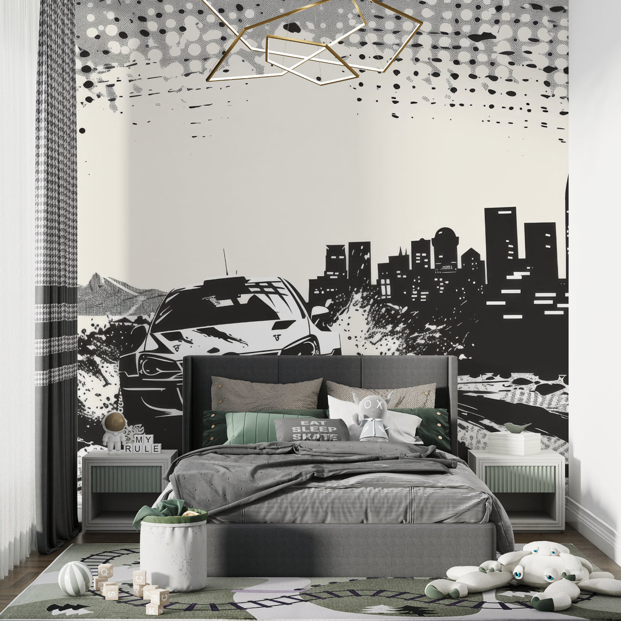 Sports car mural displayed in gaming room with sleek monochrome racing theme