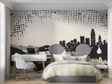 Urban racing wallpaper creating dramatic effect in contemporary living room