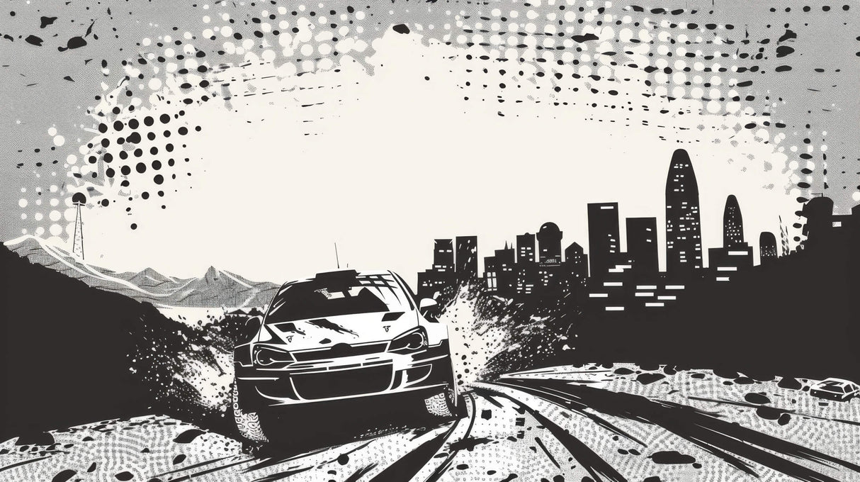 Design file showing black and white racing car pattern with urban elements and dynamic motion effects