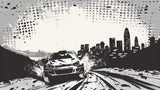 Design file showing black and white racing car pattern with urban elements and dynamic motion effects