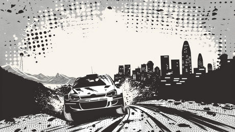 Design file showing black and white racing car pattern with urban elements and dynamic motion effects