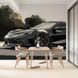 Black Corvette sports car wallpaper mural displayed in a modern minimalist living room with clean lines and ambient lighting