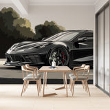 Black Corvette sports car wallpaper mural displayed in a modern minimalist living room with clean lines and ambient lighting
