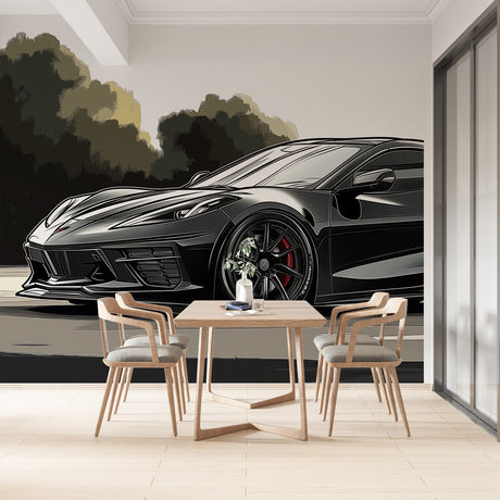 Black Corvette sports car wallpaper mural displayed in a modern minimalist living room with clean lines and ambient lighting