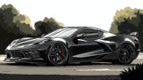 Sports car wallpaper design file showing detailed black Corvette illustration with red accents