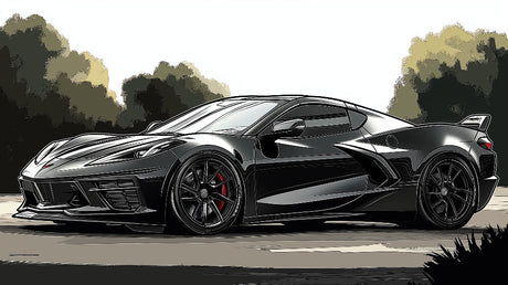 Sports car wallpaper design file showing detailed black Corvette illustration with red accents