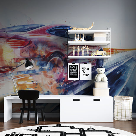 Racing car wallpaper creating bold impact in modern living room with black leather sofa