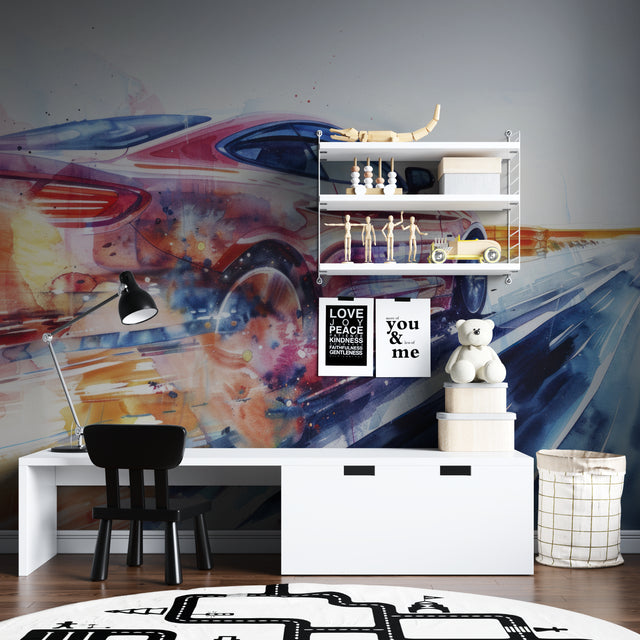 Racing car wallpaper creating bold impact in modern living room with black leather sofa