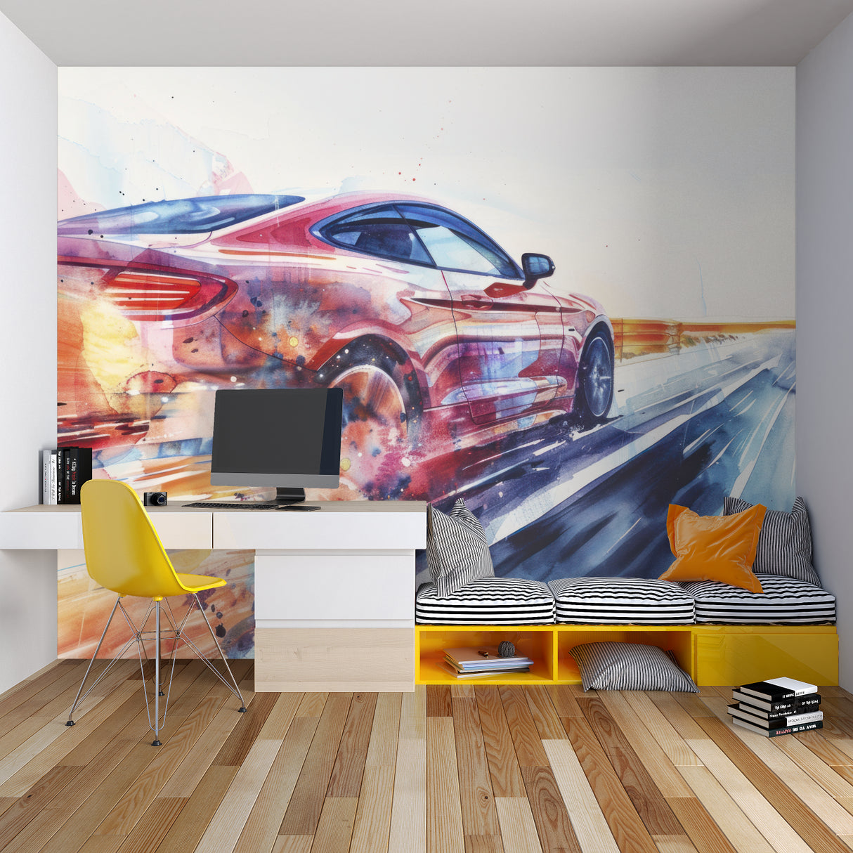 Black and gold racing wallpaper in home office with minimal furniture