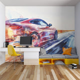 Black and gold racing wallpaper in home office with minimal furniture