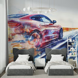 Car mural wallpaper making statement in man cave entertainment room