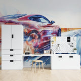 Sports car wall mural adding energy to modern garage lounge